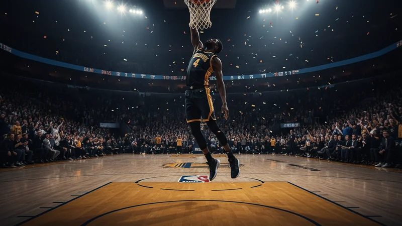 NBA basketball player dunking in packed arena under bright lights, sports betting premium broadcast
