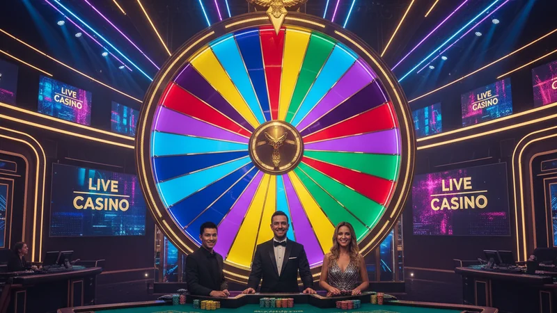 Giant colourful Crazy Time game show wheel glowing under neon studio lights, Evolution Gaming live