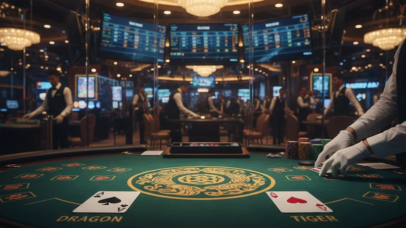 Dragon Tiger live casino table with ace and king face-up on green felt, golden dragon and tiger motifs