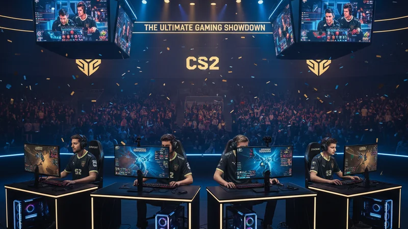 Esports arena with glowing screens and competitive players, neon blue and gold League of Legends atmosphere