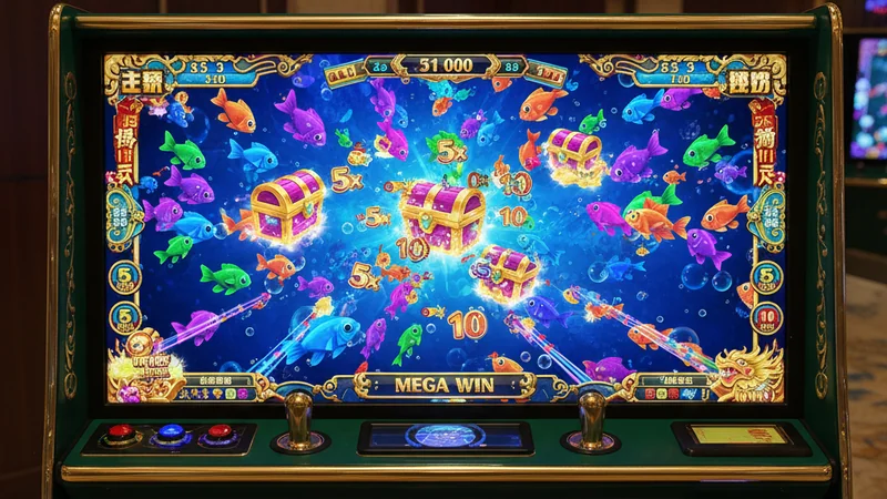 Vibrant arcade-style online fishing game with luminous fish, treasure chests and multiplier symbols