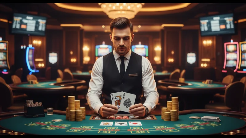 Live blackjack table with ace and king on green felt, gold chips, professional Asia Gaming studio