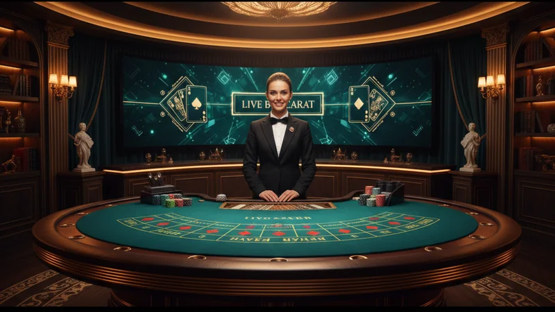 Elegant live baccarat casino studio with professional dealer at a green felt table with golden chips