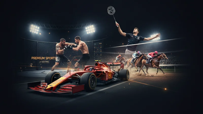 Sports montage: Formula 1 car, MMA fighters, horse racing at full gallop, cinematic dark premium layout