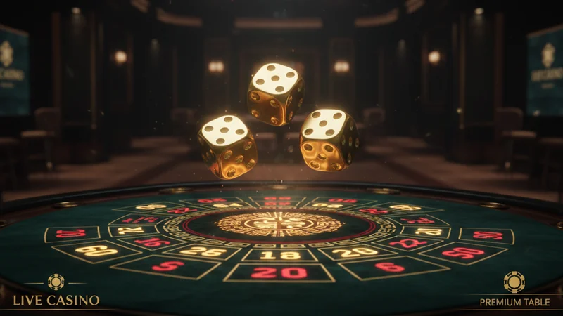 Golden dice tumbling on dark velvet with glowing Sic Bo betting layout, SA Gaming live casino
