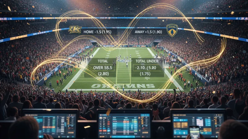 Premium sports betting split-screen of football and basketball stadiums with gold odds overlay