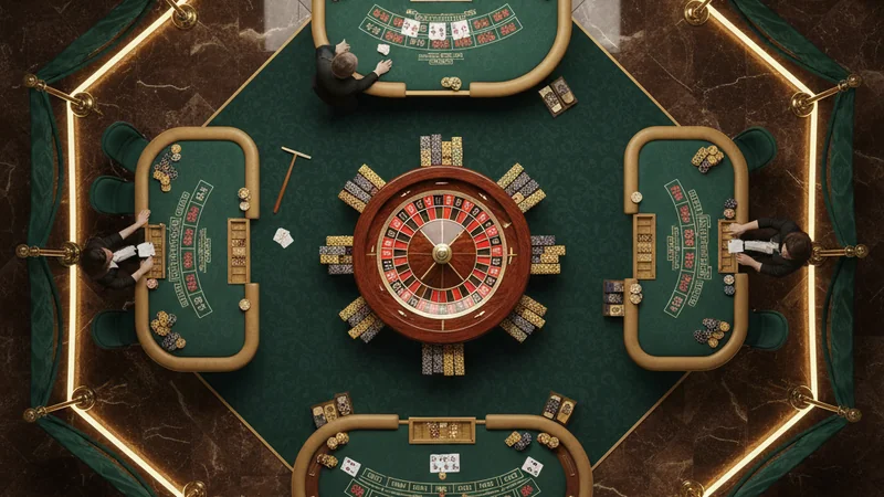 Overhead view of premium casino table games: blackjack, roulette wheel and gold poker chips