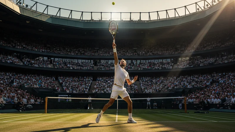 Grand Slam tennis player serving dramatically on grass court, packed stadium, cinematic golden light